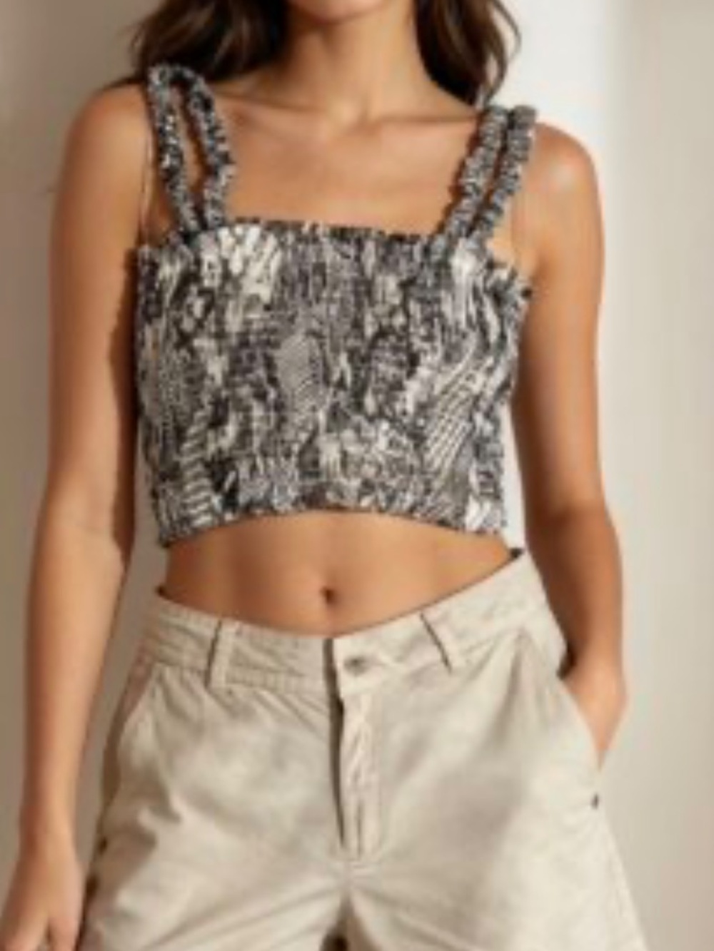 Paper Crane Smocked Square-Neck Crop Top in Black & Ivory - Picture 1 of 9